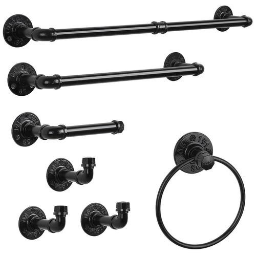 13-Pieces Towel Bar Set Black Bathroom Hardware Set Industrial Pipe Bath Towel Rack Accessories Kit Wall Hand Towel Bar, Toilet Paper Holder, Towel Ring, Robe Towel Hooks, Kitchen Tissue Paper Hanger