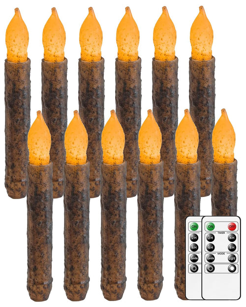 12 Pcs 6.5'' Real Wax Primitive Candles with Timer,Auto-On 6 Hours and Off 18 Hours Everyday, Hand Dipped Rustic Flameless Taper Candles for Christmas Country Home Primitive Decor
