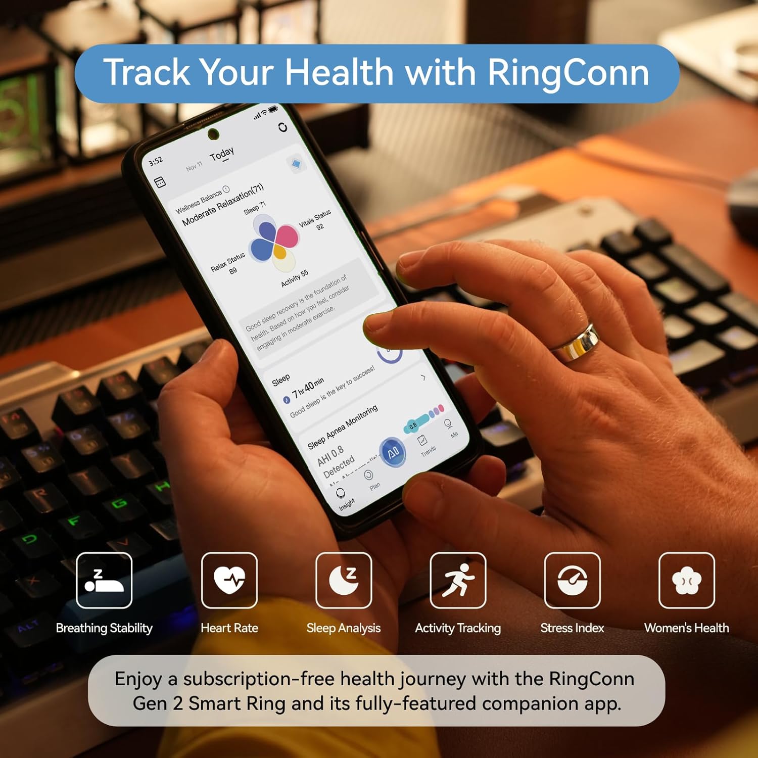 RingConn Gen 2 Smart Ring, No App Subscription, 12-Day Battery Life, Stress/Heart Rate/Women's Health Tracker, Android & iOS Compatible (Silver, Size 14)