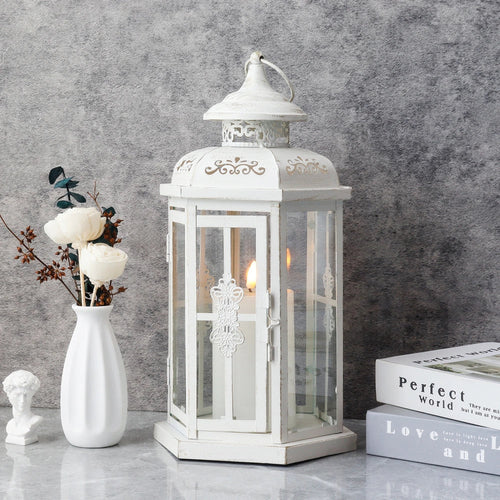 12" H Medium Candle Lantern(White with Gold Brush)